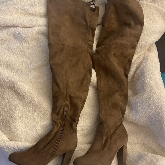 Pleather Over Knee Thigh High Boots Thick Heels Back Lace-Up SNIVY beige - Picture 3 of 4